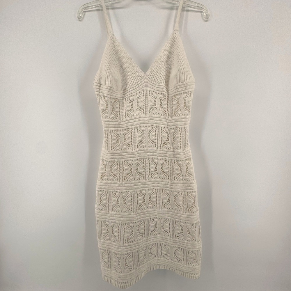 Olive + Oak Cream Knit Crocheted V Neck Bodycon Mini Dress Large‎ Boho Festival